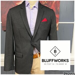 Bluffworks Blazer Sport Coat Mens 44L Long Slim Fit Polyester Charcoal Gray